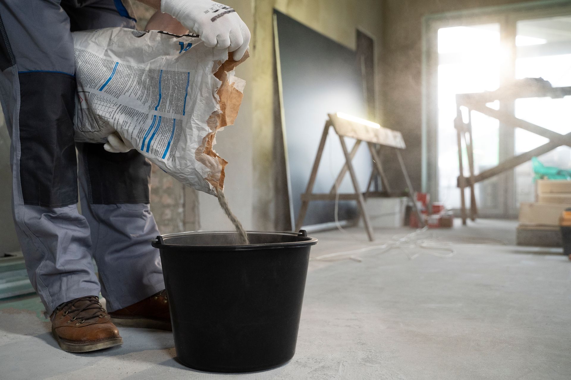 Person pouring construction material from a bag into a black bucket, indoor construction site.