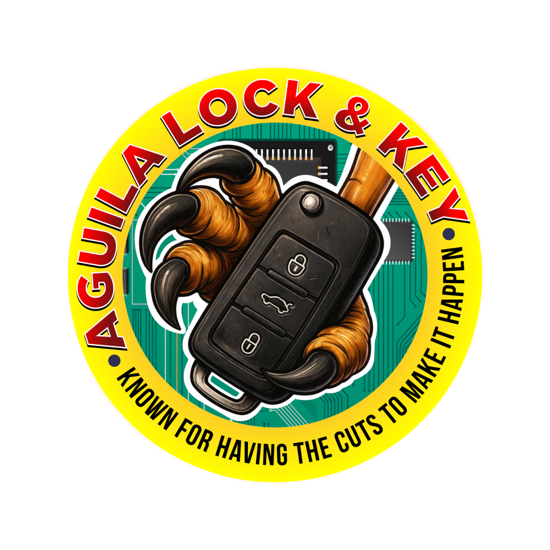 Logo for Aquila Lock & Key: a car key held in a bird claw, on yellow circle with company name.