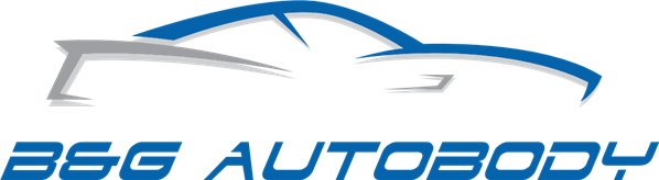 B&G AutoBody logo with stylized blue car outline and blue italic text on white background