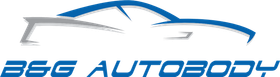 B&G AutoBody logo with stylized blue car outline and blue italic text on white background