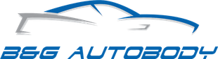 B&G AutoBody logo with stylized blue car outline and blue italic text on white background