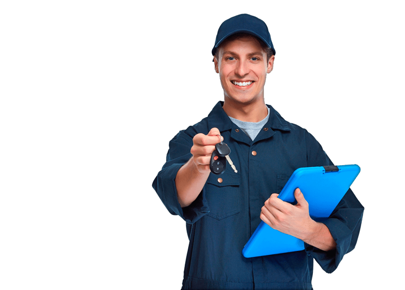 A man in a blue uniform is holding a clipboard and a car key.