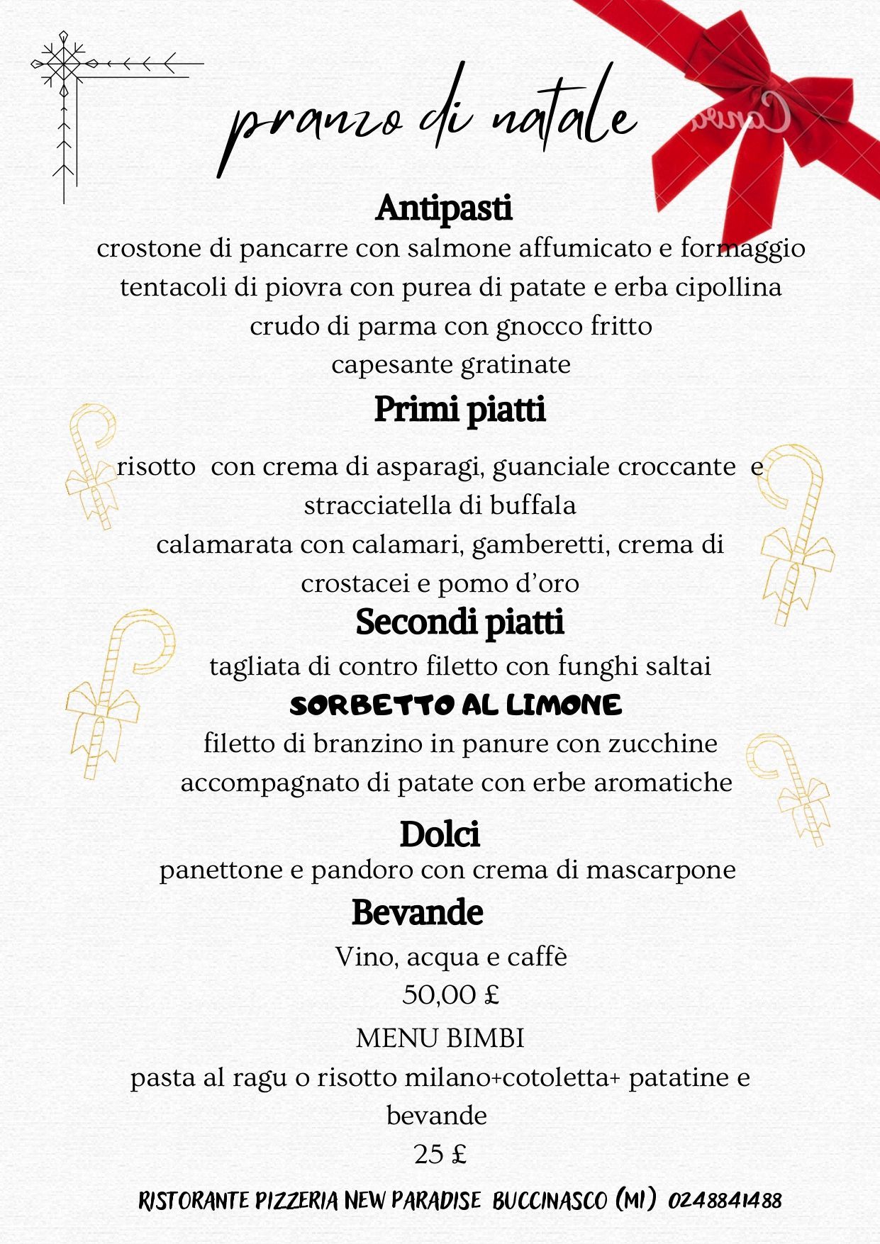Christmas menu with Antipasti, Primi, Secondi, Sorbetto, Dolci, and drinks.