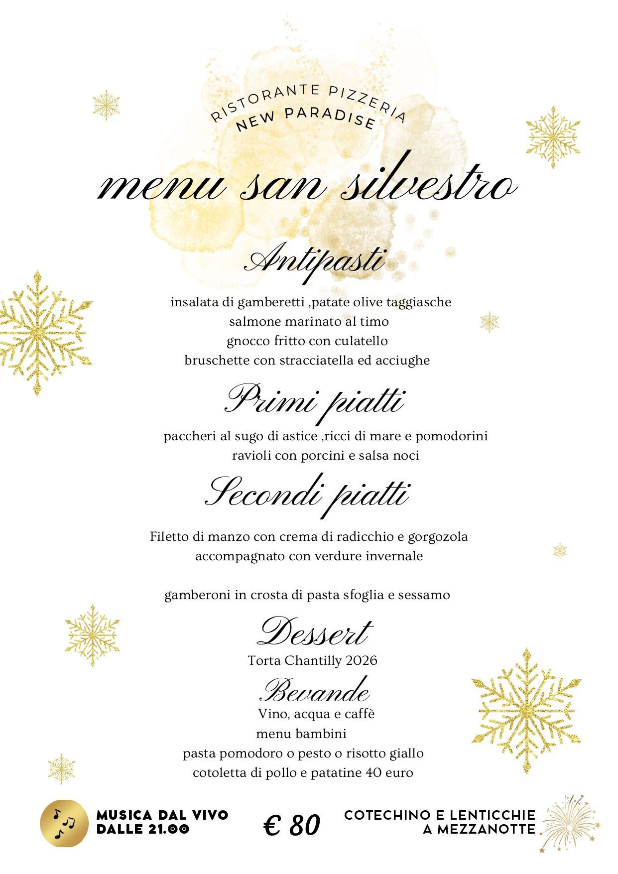 Menù del ristorante italiano per la notte di Capodanno, con antipasti, primi, secondi e dessert.