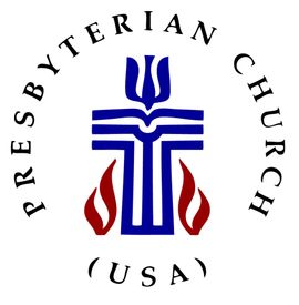 Presbyterian Church (USA) logo with blue cross and red flames on white background