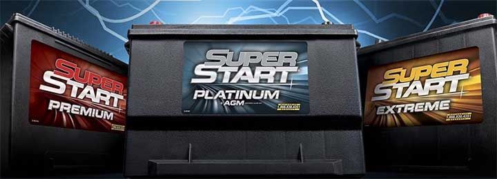 Three Super Start car batteries arranged in a row: Premium (red), Platinum AGM (blue), and Extreme (gold).