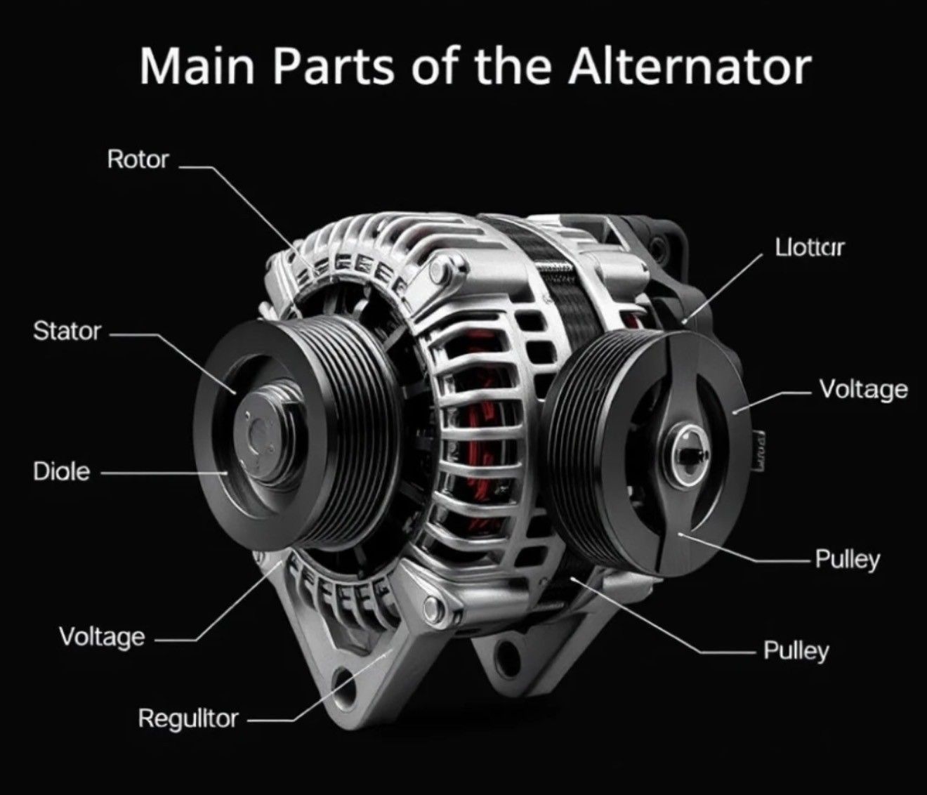 Diagram of an alternator with labels for its main parts including the rotor, stator, pulley, and regulator.