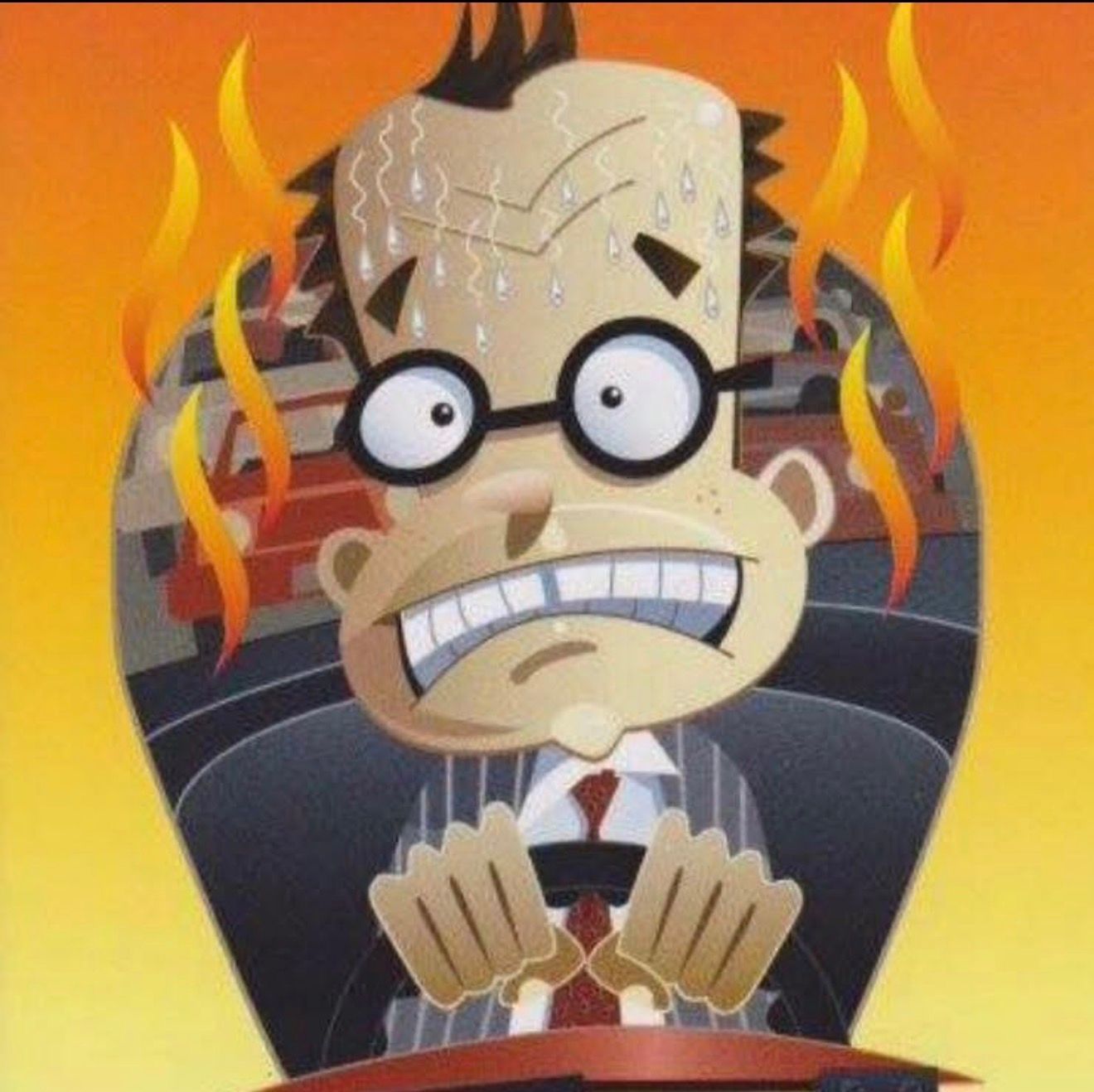 A stressed person with glasses grips a steering wheel in heavy traffic, sweating with flames rising behind their head.