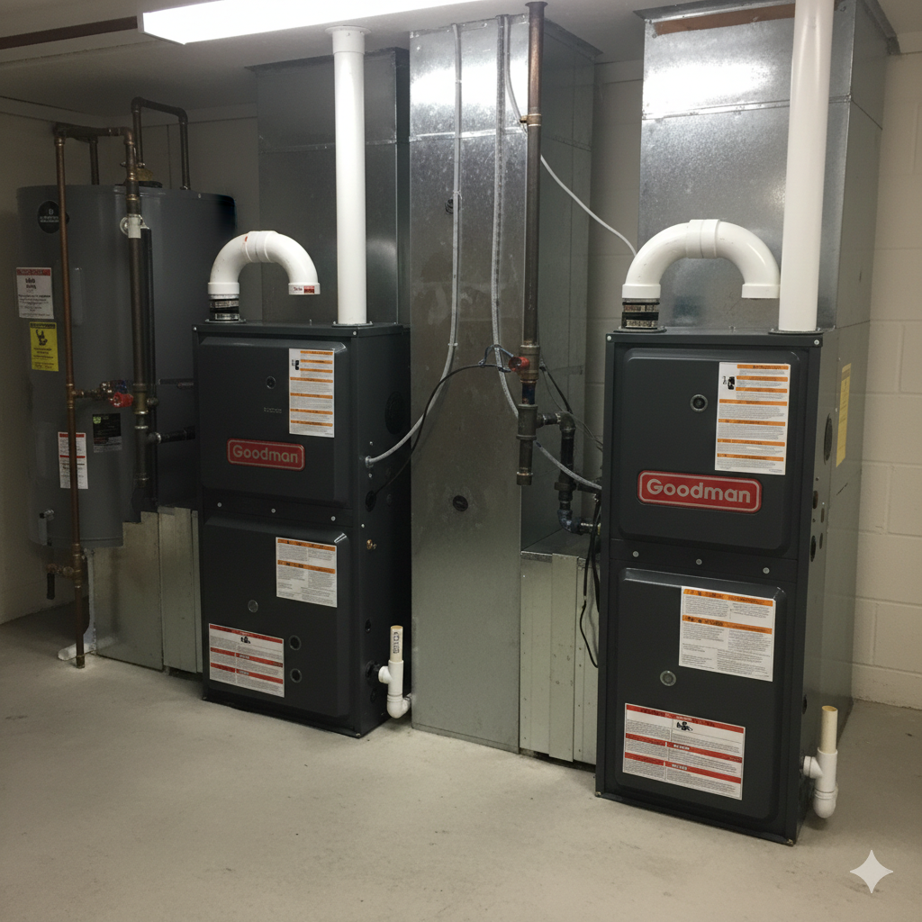 Two Goodman furnaces with ductwork, installed in a white-walled room, lit by overhead lighting.