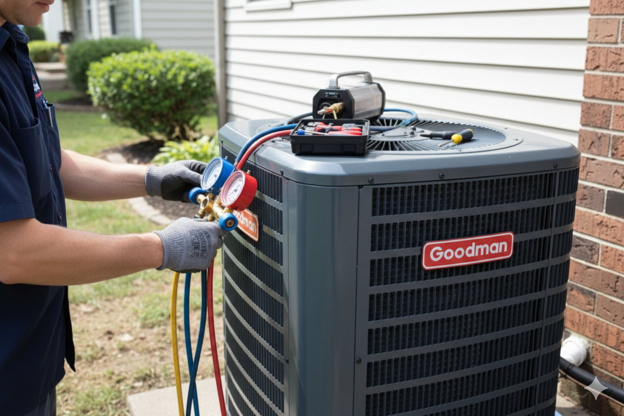 HVAC technician servicing a Goodman air conditioner unit outdoors, using gauges and hoses.
