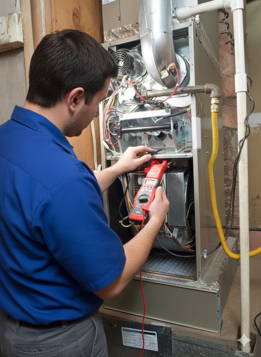 HVAC technician in blue shirt checks a furnace with a multimeter; indoor setting, electrical components visible.
