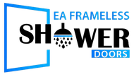 Logo for EA Frameless Shower Doors with a blue frame outline, black text, and a showerhead icon replacing the letter O.
