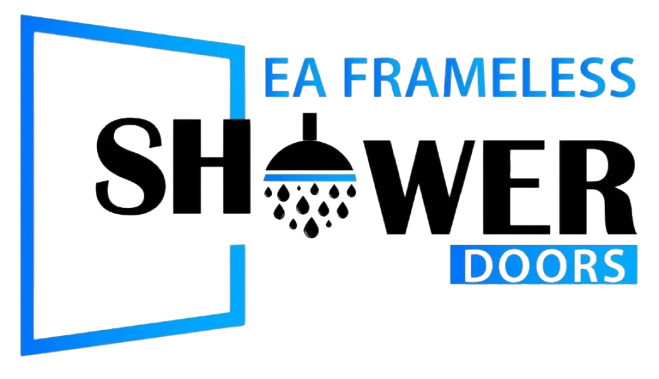 Logo for EA Frameless Shower Doors with a blue frame outline, black text, and a showerhead icon replacing the letter O.