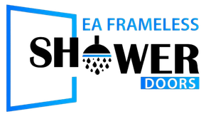 Logo for EA Frameless Shower Doors with a blue frame outline, black text, and a showerhead icon replacing the letter O.