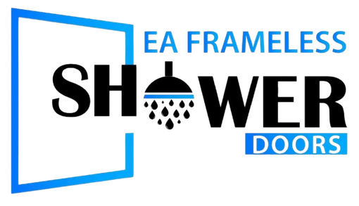 Logo for EA Frameless Shower Doors with a blue frame outline, black text, and a showerhead icon replacing the letter O.