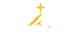 Yellow cross above abstract yellow mountain shape.