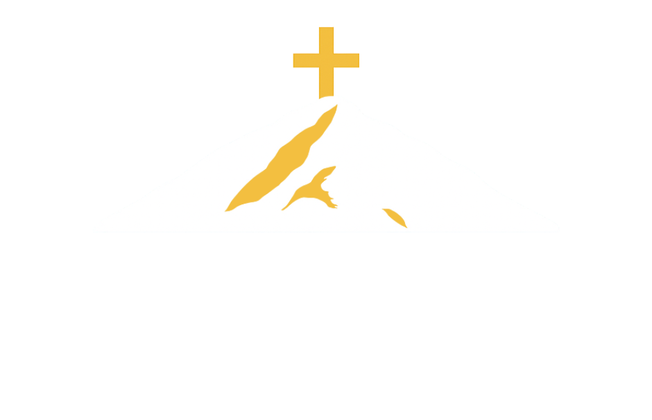 Yellow cross above abstract yellow mountain shape.