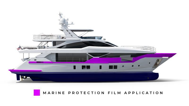 A white and purple yacht with a purple stripe on the side.
