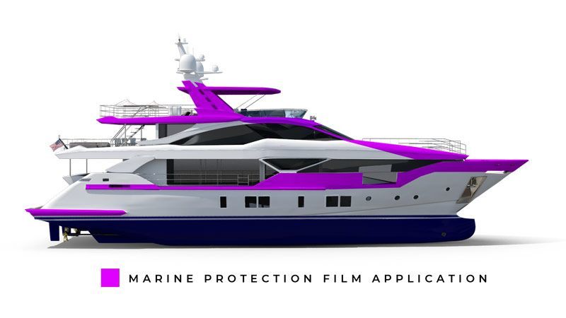 A purple and white yacht with a marine protection film application.