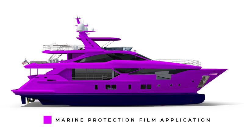 A purple yacht with a marine protection film application on it.