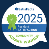 SatisFacts 2025 Resident Satisfaction Award badge: white, blue, and green, speech bubble shape.