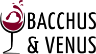 A logo for bacchus and venus with a wine glass and a splash of wine.