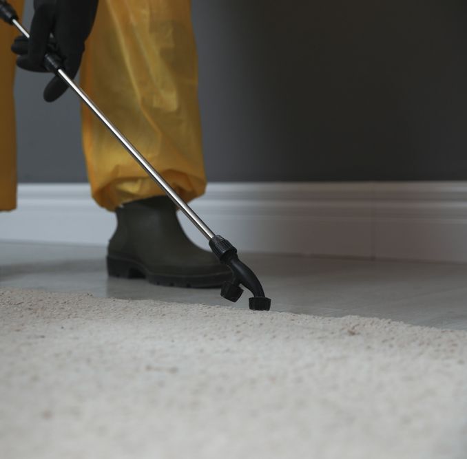 Pest Control Worker In Protective Suit Spraying Insecticide On Floor Indoors — ASAP Pest Control In Bundamba, QLD