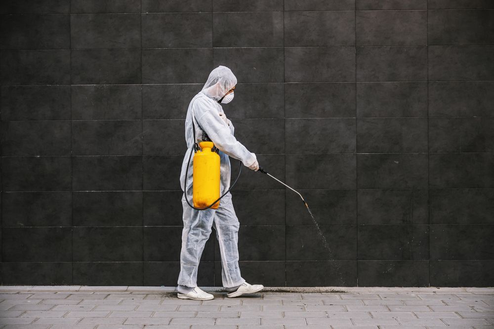 A Man In A Protective Suit Is Spraying A Wall With A Sprayer — ASAP Pest Control in Murarrie, QLD