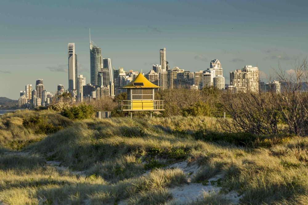 A Yellow Lifeguard Tower Is In The Middle Of A Field With A City Skyline — ASAP Pest Control in Gold Coast, QLD