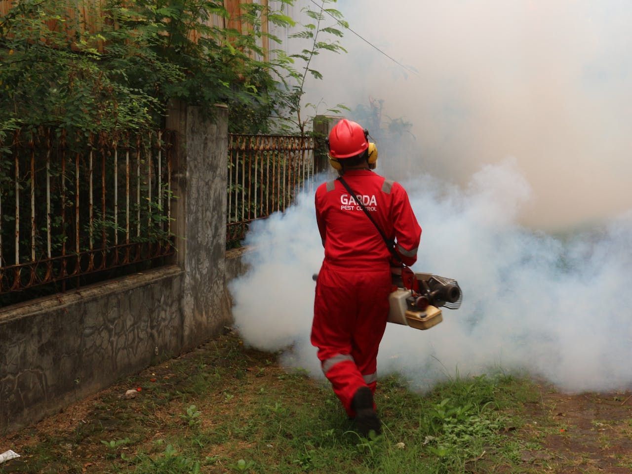 A Man In A Red Jumpsuit Is Spraying Smoke In A Yard — ASAP Pest Control in Moorooka, QLD