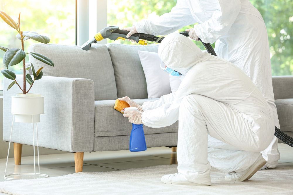 Two Men In White Suits Are Cleaning A Couch In A Living Room — ASAP Pest Control in Moorooka, QLD