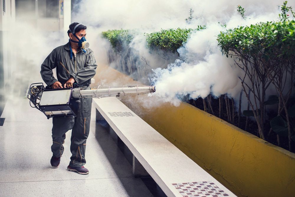 A Man Wearing A Mask Is Using A Machine To Spray Smoke — ASAP Pest Control in Moorooka, QLD