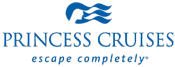 The logo for princess cruises is blue and white and says `` escape completely ''.