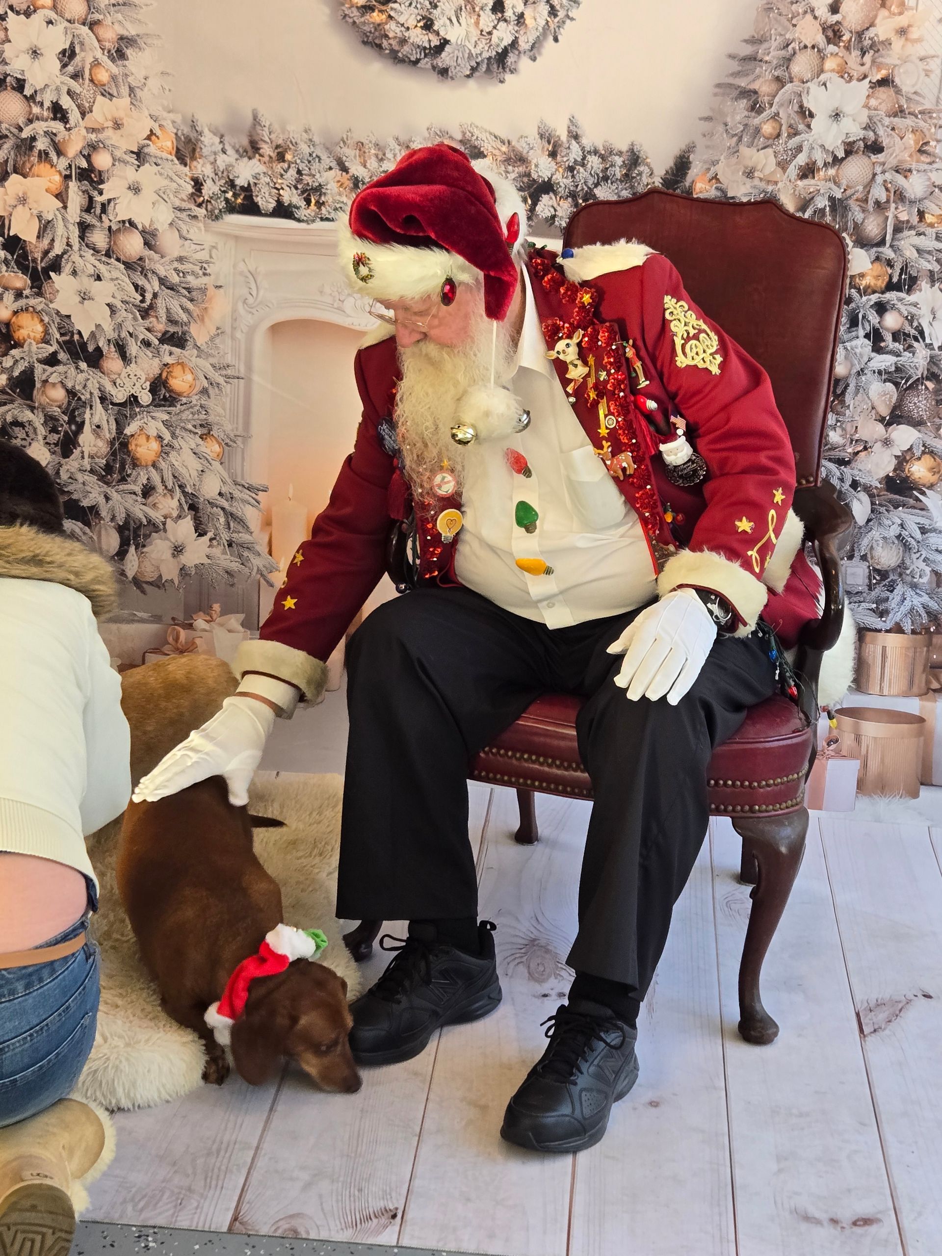 A man dressed as santa claus is petting a dog