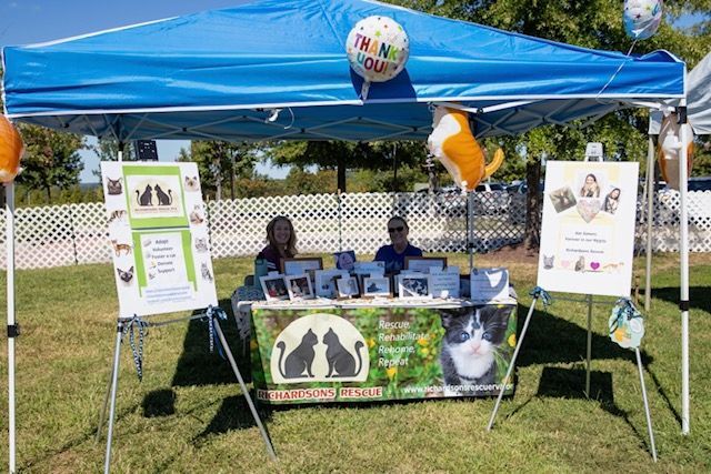 Two people are sitting at a table under a blue tent.