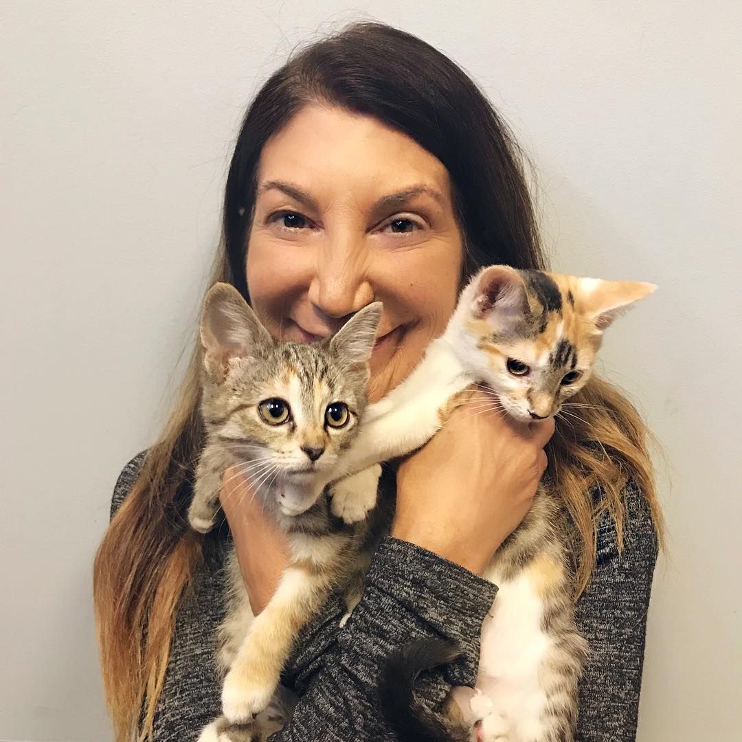 A woman is holding two kittens in her arms.