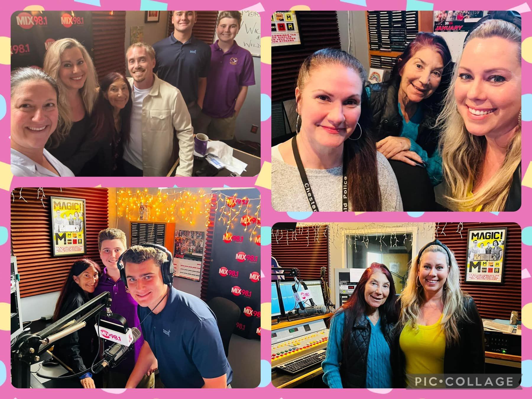 A collage of photos of people in a radio station