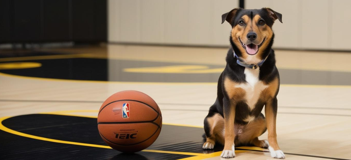 A black and white dog is looking up at the camera with its mouth open.