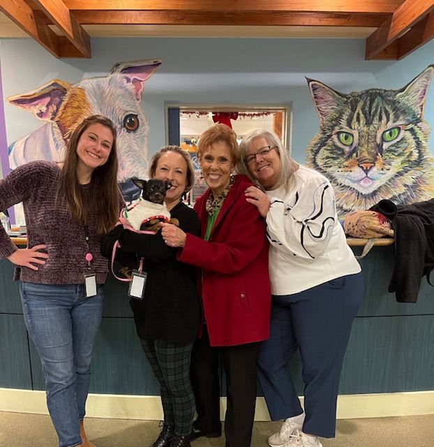A group of women are posing for a picture in front of a painting of a cat