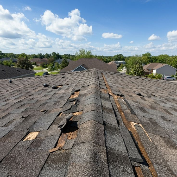 Damaged asphalt shingle roof on a house, sunny day, blue sky.