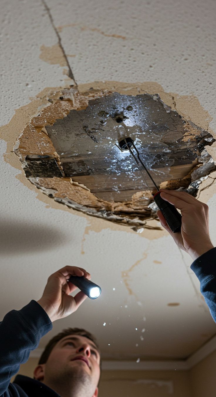 Person examines a water-damaged ceiling. He holds a flashlight and a tool, inspecting a hole with water dripping.