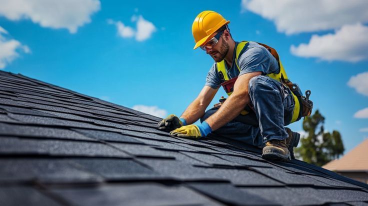 Roofer in hardhat and safety harness working on a dark-shingled roof under a blue sky.