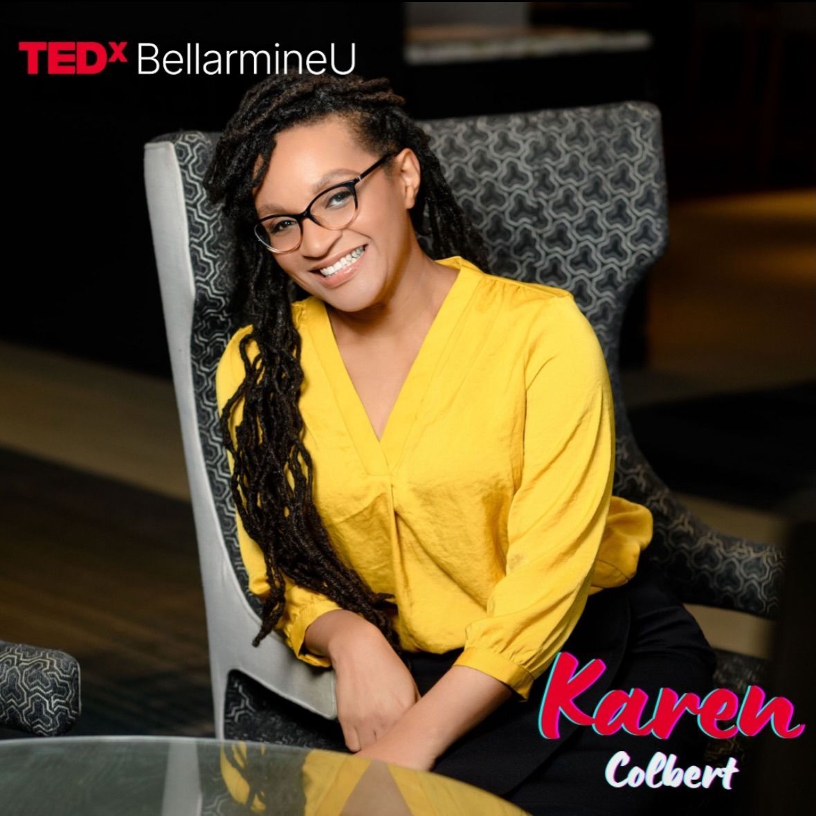 Karen Colbert smiles, seated, wearing glasses and yellow top. TEDx BellarmineU logo.