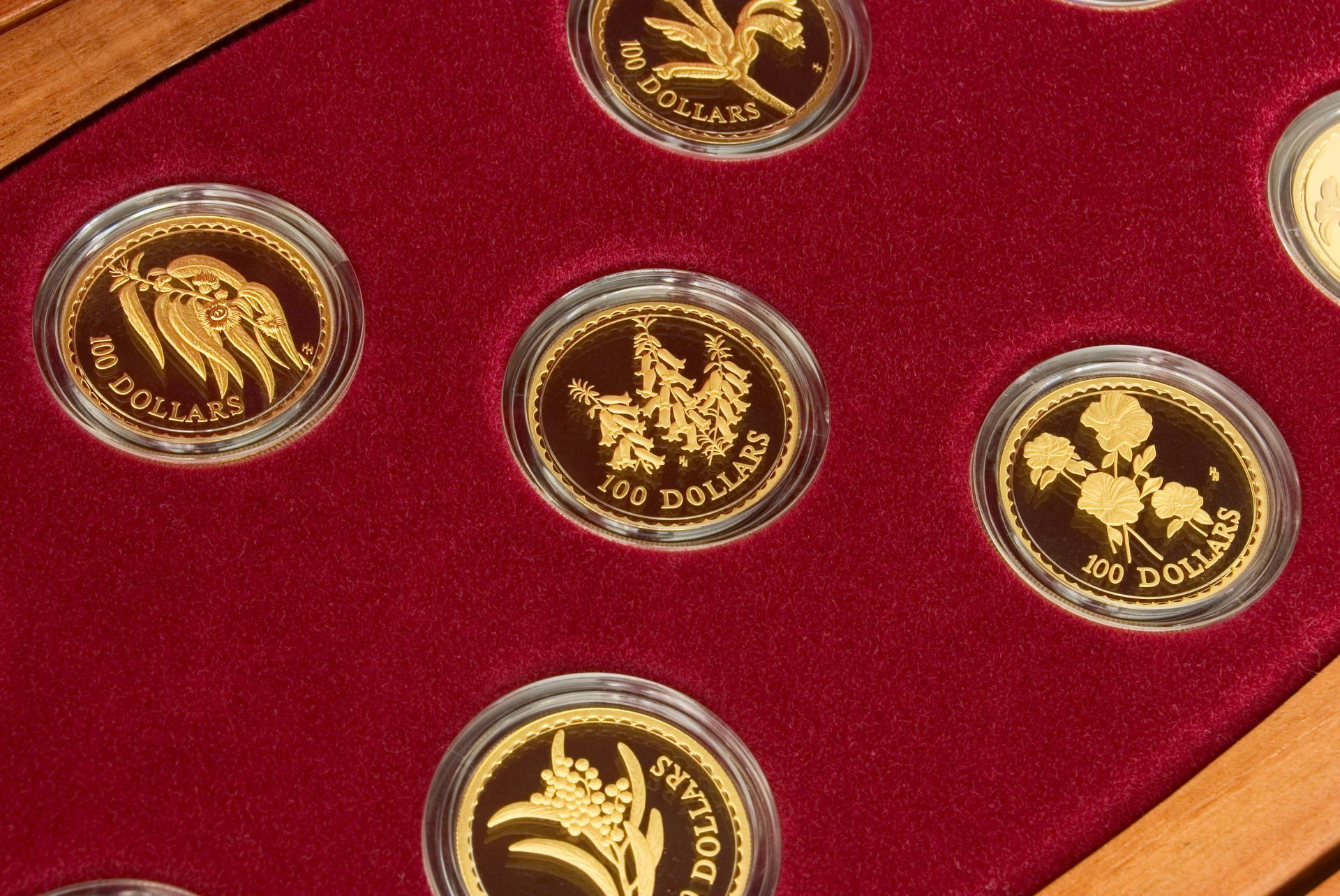 A collection of gold coins in a wooden case