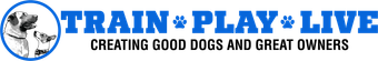 A logo for train play live creating good dogs and great owners
