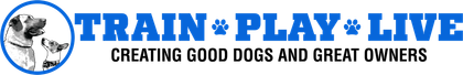 A logo for train play live creating good dogs and great owners