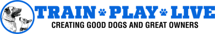 A logo for train play live creating good dogs and great owners