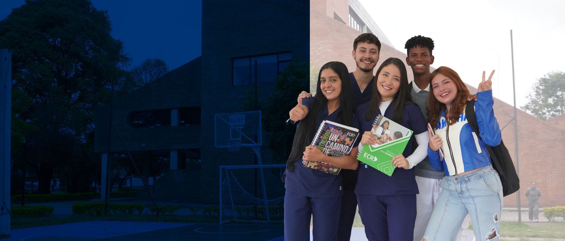 Un grupo de estudiantes posa para una fotografía frente a un edificio.