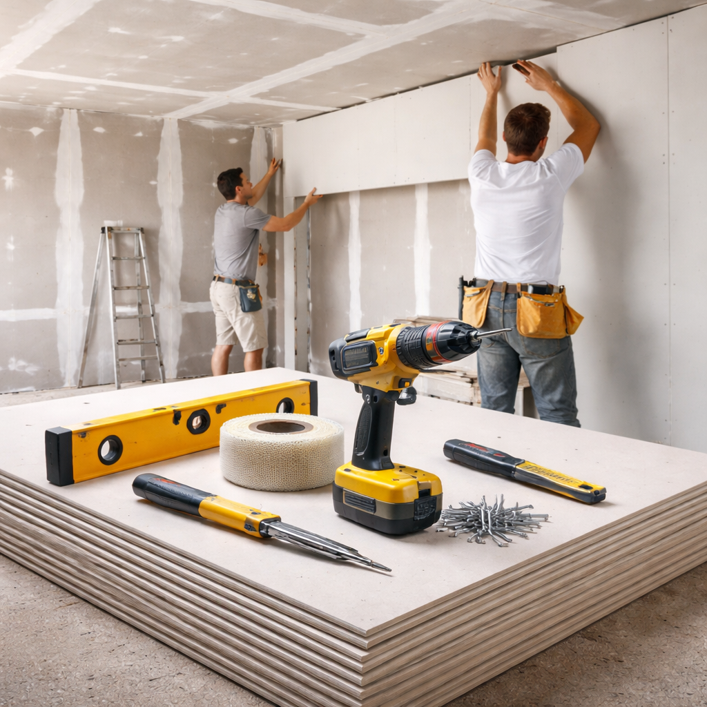 Due operai installano il cartongesso