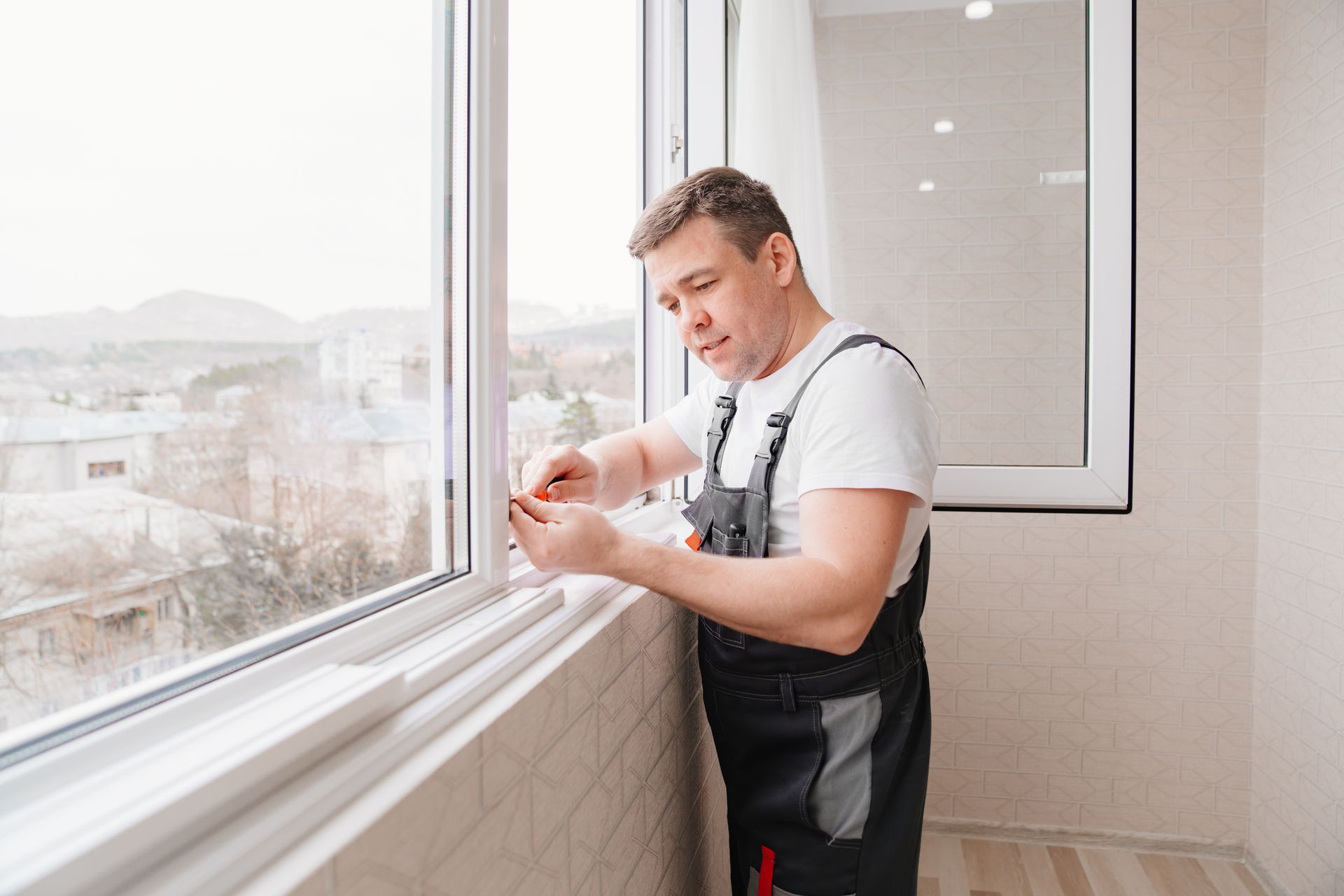 A man is installing a window on a balcony.